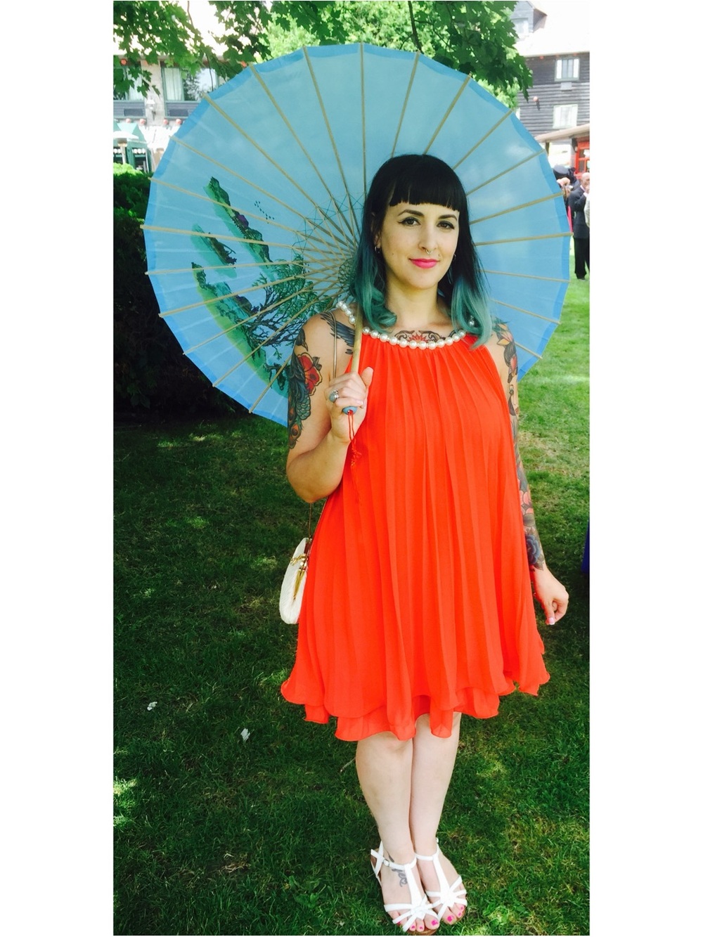 YA Los Angeles Silk Blend Coral Orange Pleated Halter Pearl Neck Dress Medium